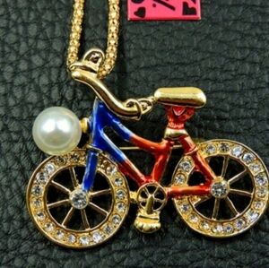 Elegant Goldtone Necklace With Enamel & Crystal Bicycle Pendant